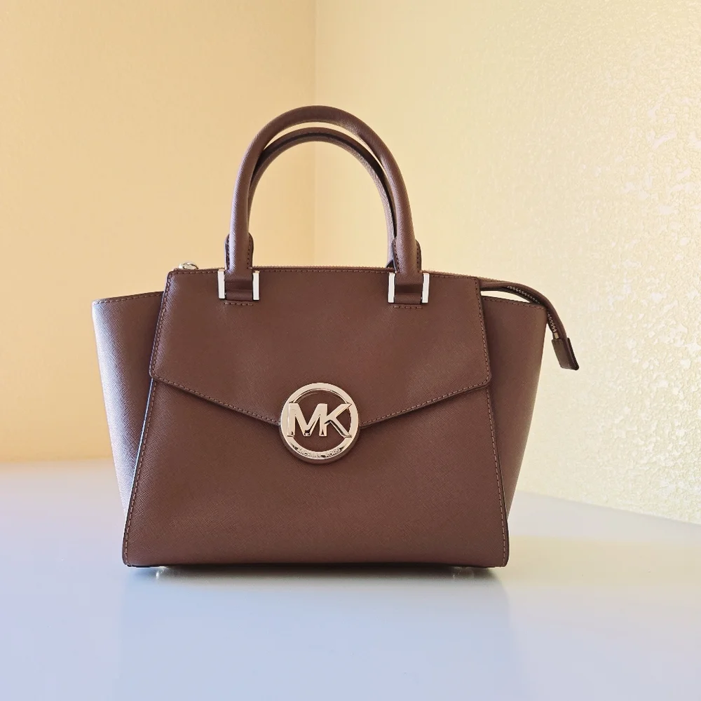 Michael Kors MK Classic Logo Hudson Saffiano Leather Handbag Satchel Brown Gold
